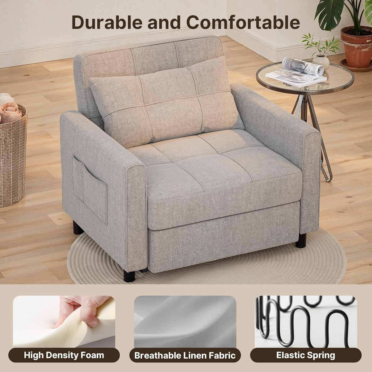 2026 Gizoon Sofá cama 3 en 1 convertible, silla cama individual extraíble con respaldo ajustable, espaciosos sofás multifuncionales para sala de estar, dormitorio, apartamento