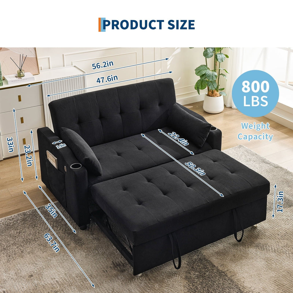 2026 New3 in 1 Convertible Sleeper Sofa Bed, Corduroy Futon Couches with Pull-Out Bed, Adjustable Backrest, Charging Port & Side Pockets, Modern Upholstered Sofa for Living Room, Guest Room
