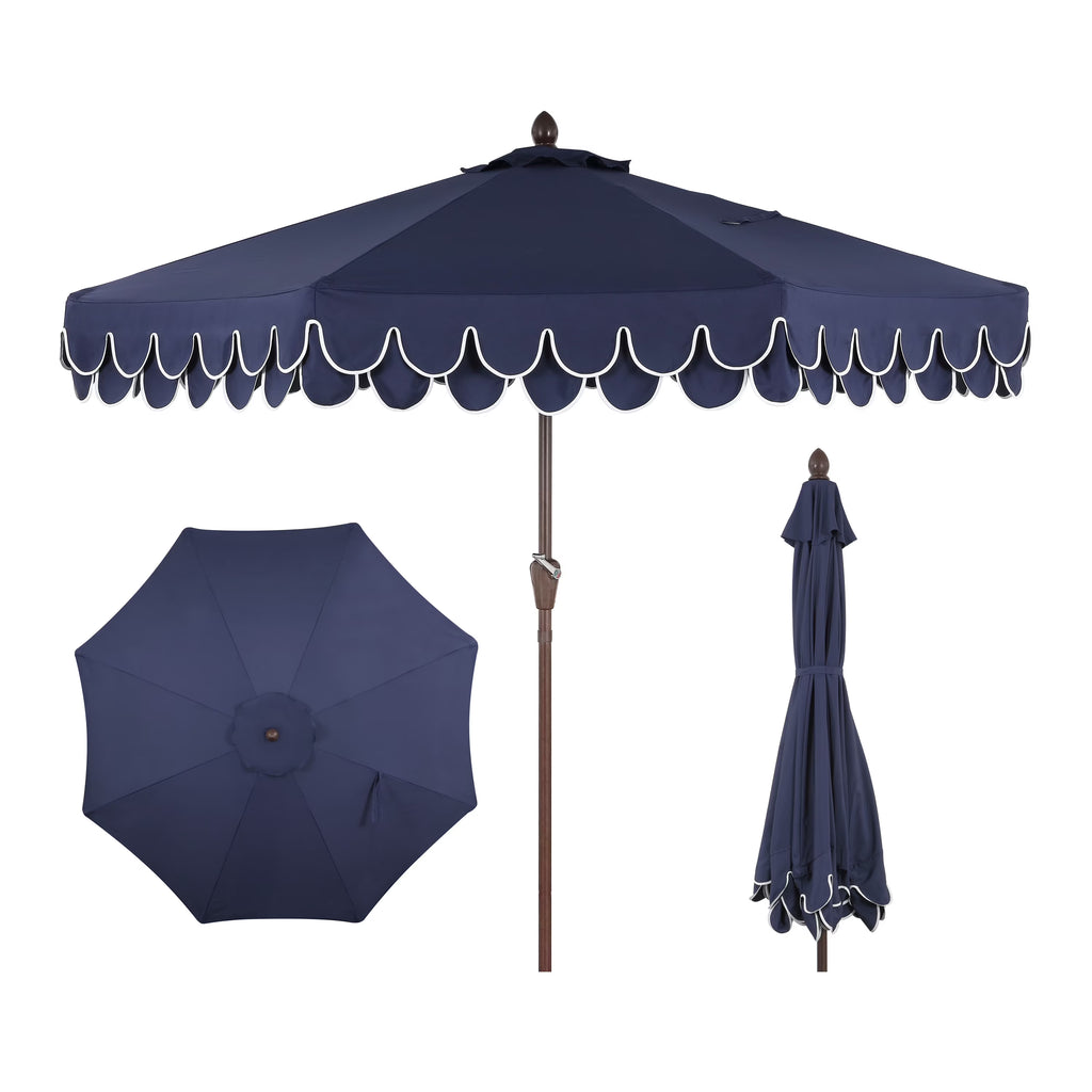 2026 NewJONATHAN Y Tracy 9 ft. Market Patio Umbrella, Classic Mid-Century Scalloped Fringe, with Auto-Tilt Crank, Wind Vent and UV Protection, Coral Pink/White, Dark Brown Pole