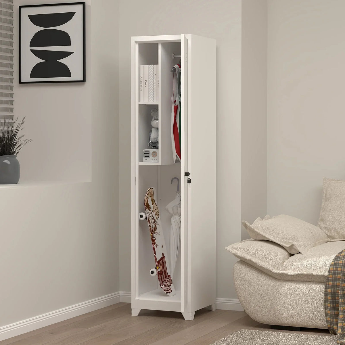 2026 NewMarcree Slim Broom Storage Cabinet, Metal Cabinet with Shelves and Hanging Rod, 65" Utility Storage Cabinet with Locking Door, Tall Cleaning Storage Cabinet for Kitchen, Pantry, Office, Shop, Garage