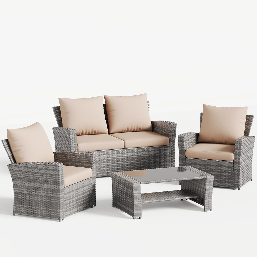 2026 NewUDPATIO Wicker Patio Furniture Set, 4 Piece Outdoor Sectional Conversation Sets, Gray PE Rattan Patio Sofa Set for Balcony, Porch, Backyard, Grey