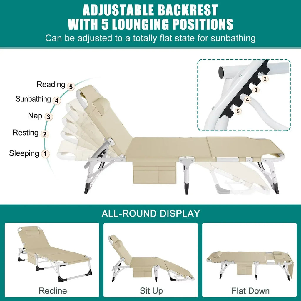 2026 NewMOPHOTO Lounge Chair with Mattress, Outdoor Chaise Lounge Support 440 Lbs, Adjustable Portable Heavy Duty Sleeping Cots Bed for Camping, Pool, Beach, Patio