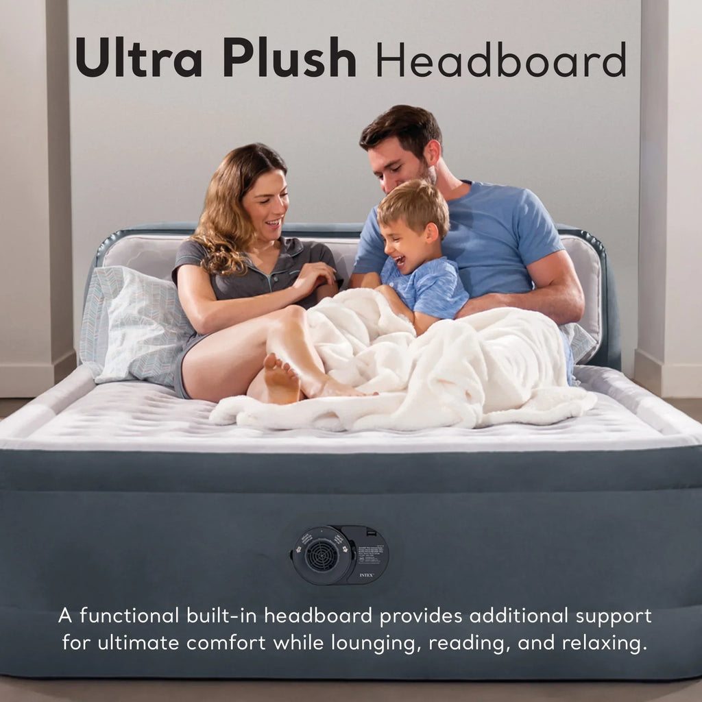 2026 NewOpen Box Intex Dura-Beam Deluxe Plush Headboard Queen Mattress Built-In Pump