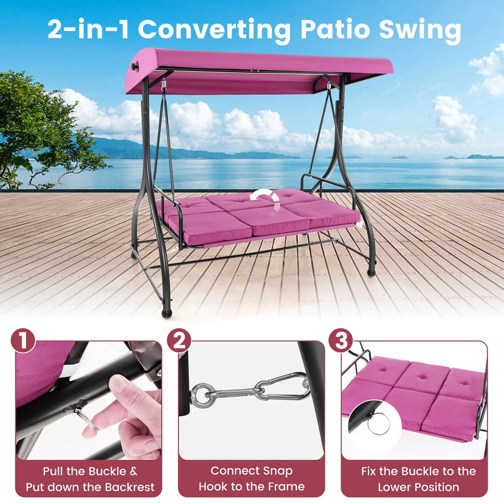 2026 NewCostway 3-Seat Outdoor Converting Patio Swing Glider Adjustable Canopy Porch Swing Black