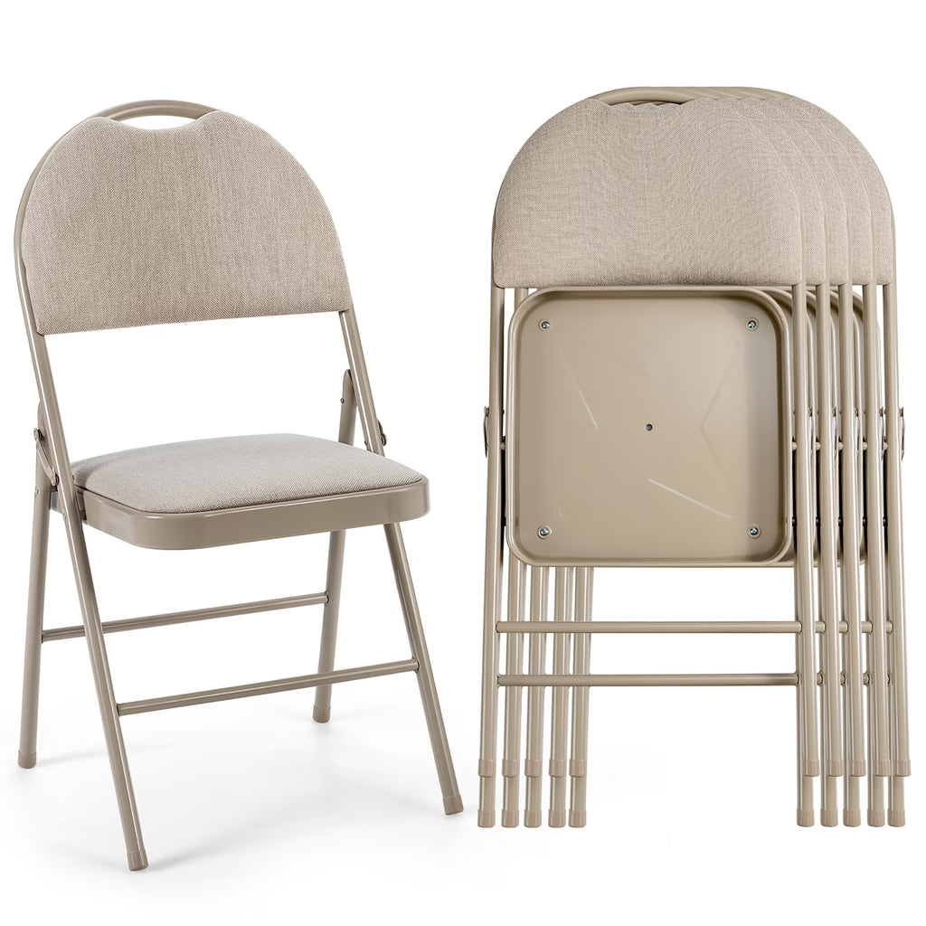 2026 NewCostway Set of 6 Folding Chairs Fabric Upholstered Padded Seat Metal Frame Home Office Beige