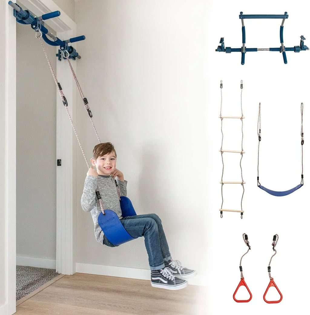 2026 NewGym1 - Deluxe Indoor Doorway Gym for Kids Playground Set - All in One Gym Set - Four Ways of Fun: Blue Indoor Swing, Plastic Rings, Climbing Ladder, and Pull Up Bar