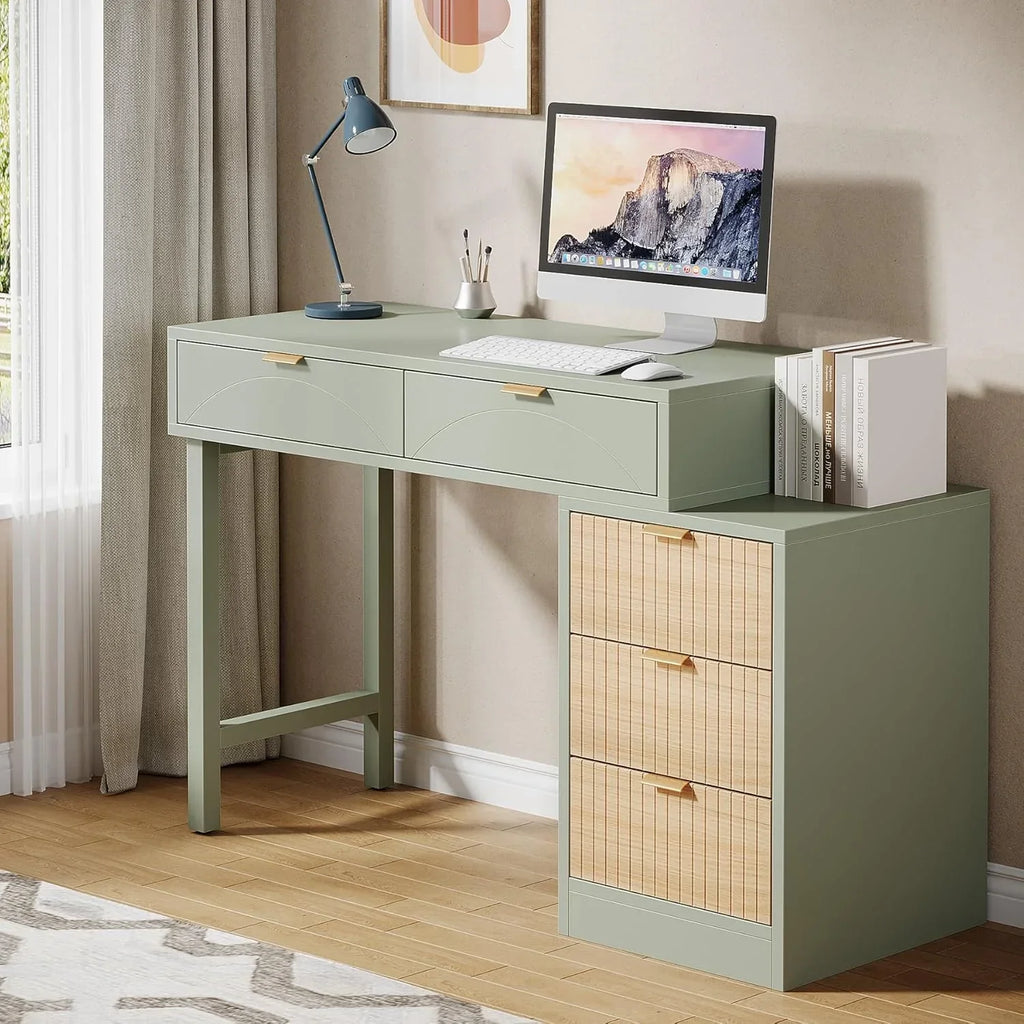 2026 NewTribesigns 39" Reversible Computer Desk with 5 Drawers, Wood Writing Desk for Home Office, Green