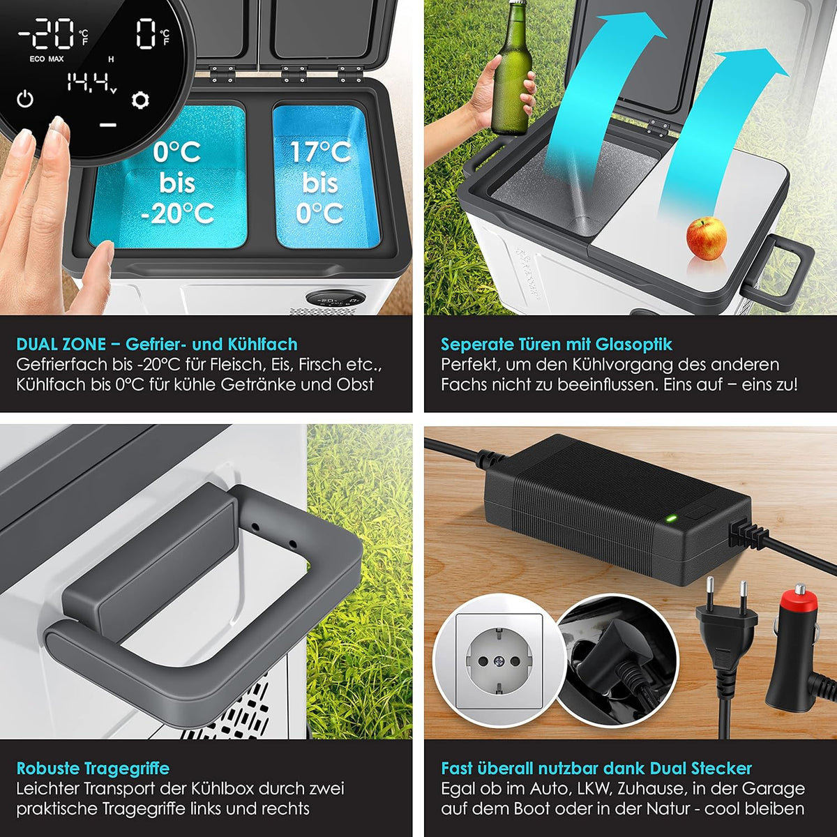 2026 Nevera portátil con compresor KESSER 2 en 1, doble zona de refrigeración y congelación, con 2 acumuladores de frío y control táctil LED | Refrigerador con capacidad de enfriamiento hasta -20 °C para camping, coche y camión, 12/24 V 230 V
