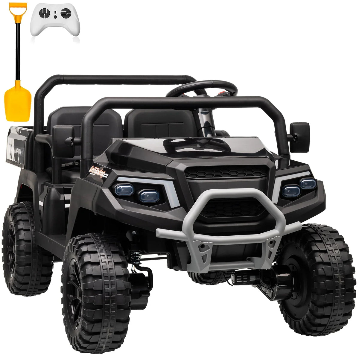 2026 NewJoyracer 4WD 24 Volt Ride on Toys UTV with 2 Seater & Remote Control, Kids Electric Golf Cart w/ 4x200W Power Motors, Tiltable Trailer & Shovel, 4 Wheels Spring Suspension, Bluetooth USB Music, Black