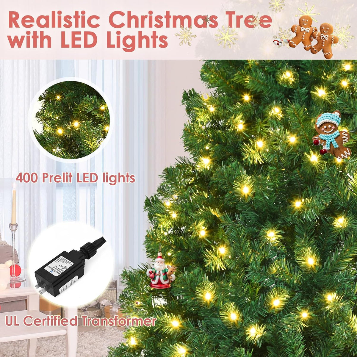 2026 NewVebreda 6FT Pre-Lit Artificial Christmas Tree with 300 Warm White LED Lights, Hinged Branch Design, Eco-Friendly PVC Needles & Foldable Metal Stand for Home, Office & Holiday D"cor