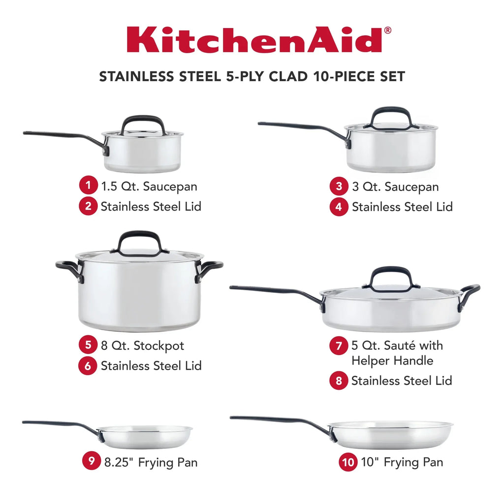 2026 NewKitchenAid 5-Ply Clad 10 Pcs Stainless Steel Cookware Induction Pots and Pans Set, Dishwasher Safe, Metal Utensil, Broiler and Oven Safe to 500" F, Polished Stainless Steel