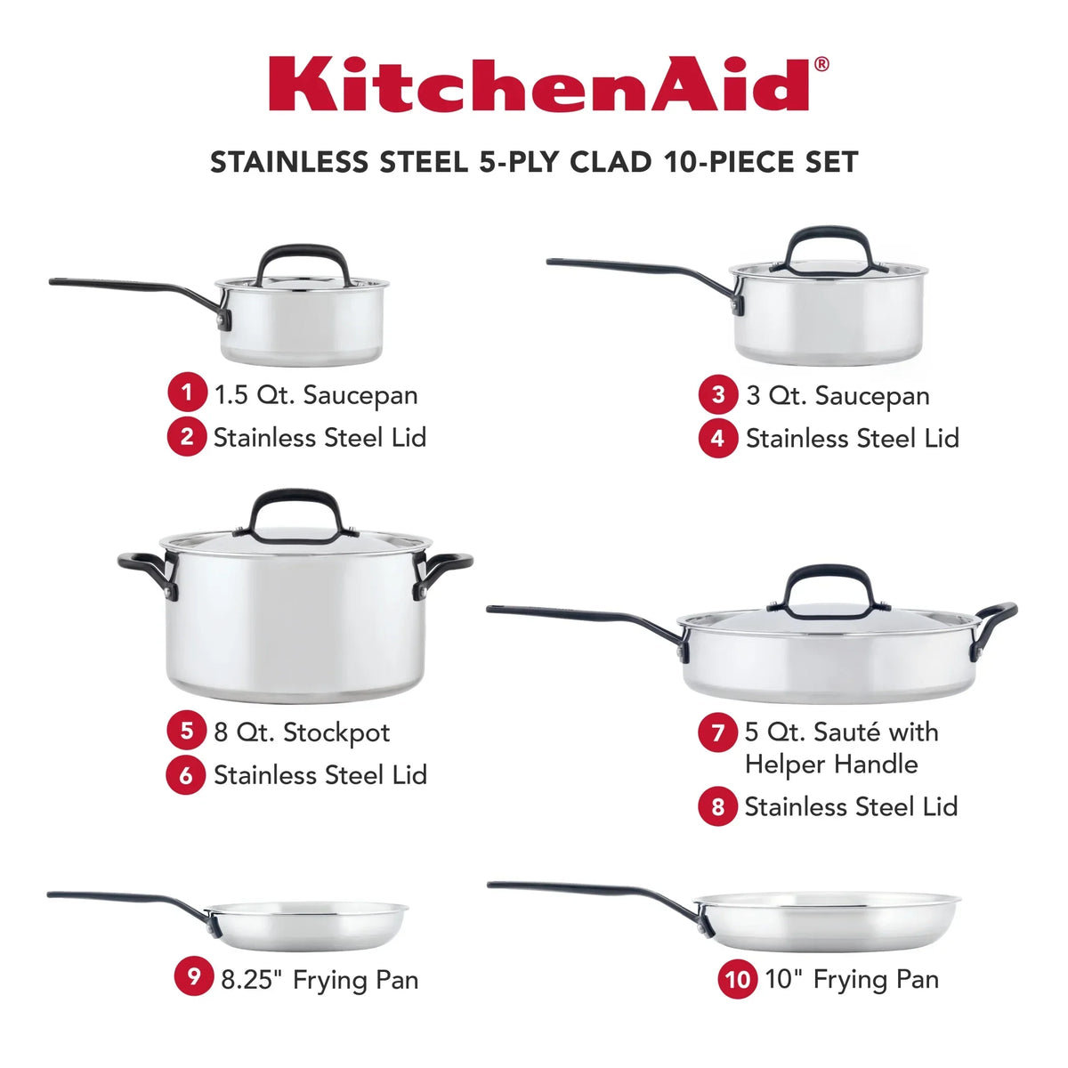 2026 NewKitchenAid 5-Ply Clad 10 Pcs Stainless Steel Cookware Induction Pots and Pans Set, Dishwasher Safe, Metal Utensil, Broiler and Oven Safe to 500" F, Polished Stainless Steel