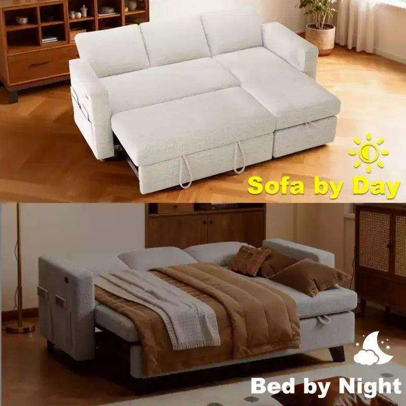 2026 Sofá cama extraíble 2 en 1 con chaise longue de almacenamiento, chenilla y puertos USB
