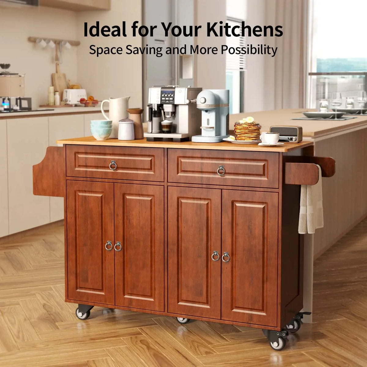 2026 NewLofka 52-Inch Kitchen Island with Storage on Wheels with Wood Drop Leaf, Ideal for Small Kitchens