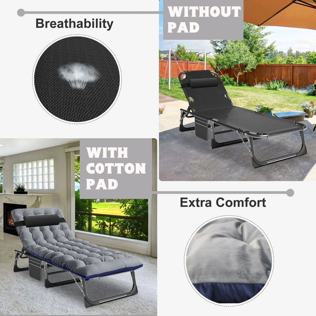 2026 NewMOPHOTO Lounge Chair with Mattress, Outdoor Chaise Lounge Support 440 Lbs, Adjustable Portable Heavy Duty Sleeping Cots Bed for Camping, Pool, Beach, Patio