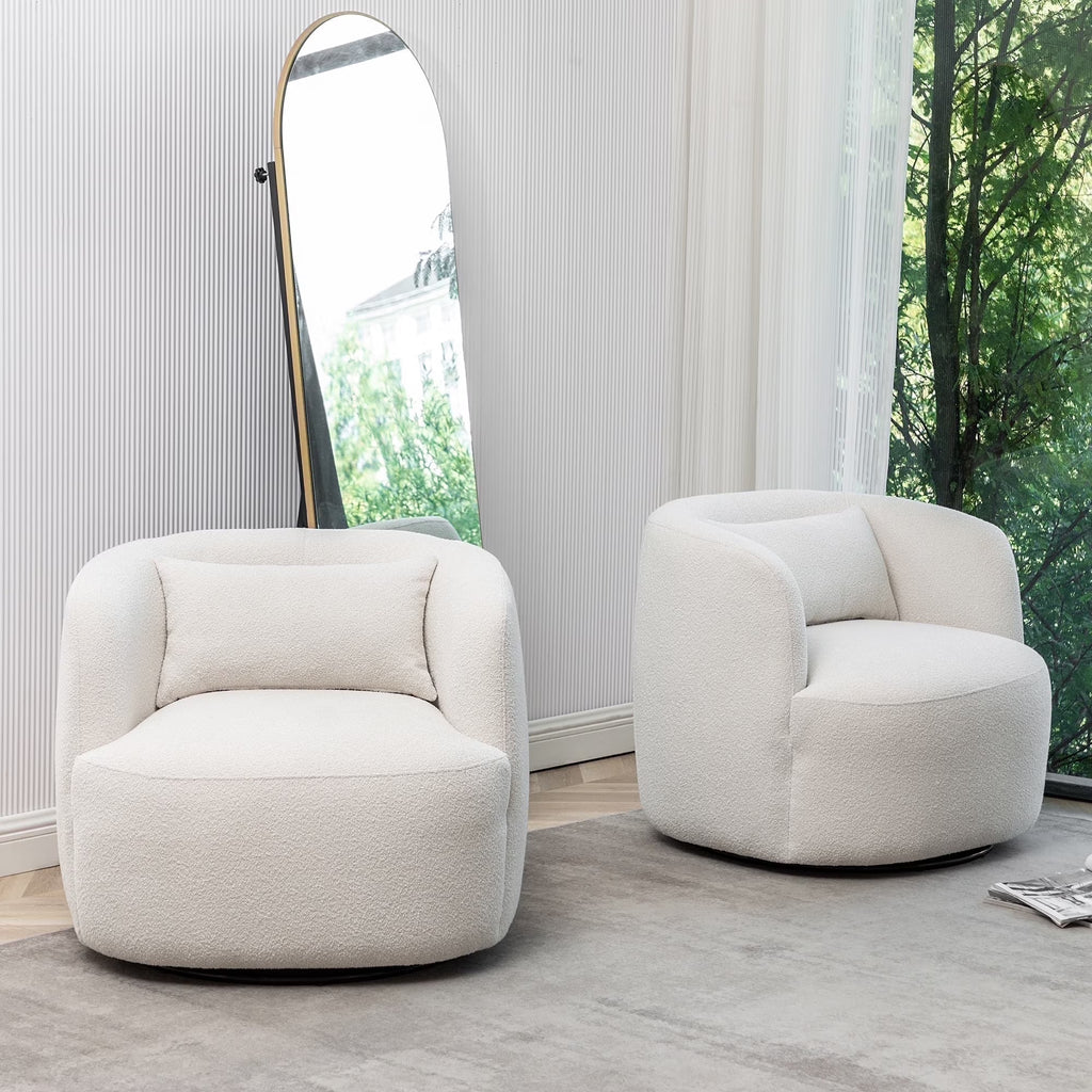 2026 New34" Wide Boucle Swivel Barrel Chair, No Assembly Round Upholstered Armchair Accent Chair Single Sofa Chair with Toss Pillow for Living Room and Bedroom, Taupe