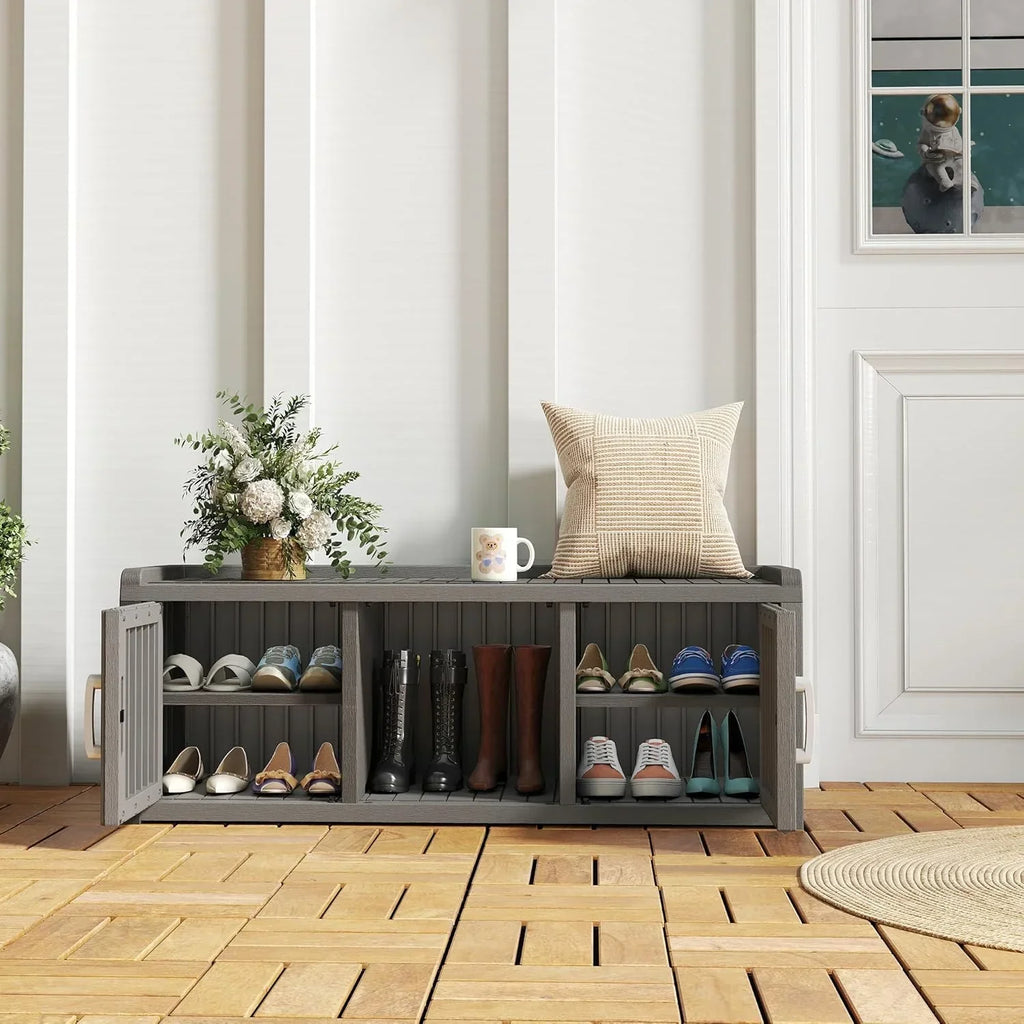 2026 NewKAMABOKO Outdoor Shoe Storage Cabinet, Waterproof UV-Resistant Entryway Storage Bench Indoor Outdoor with 2 Barn Doors, Adjustable Shelves for Entryway, Bedroom, Hallway,Living Room(Black)
