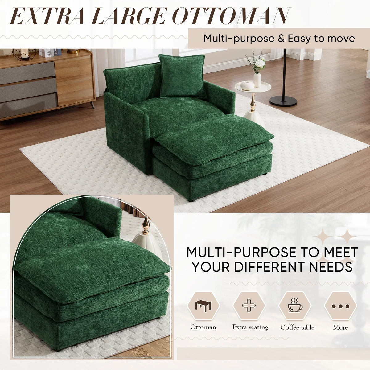 2026 NewMuumblus Oversized Lounge Chair with Ottoman, Cloud Accent Armchair for Living Room, Beige Chenille