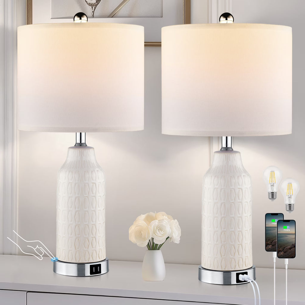 2026 NewCinkeda Table Lamp Set of 2 for Living Room Bedroom with USB Ports AC Outlet 3 Way Dimmable Touch Nightlight Farmhouse White Floral Nightstand Bedside Lamps