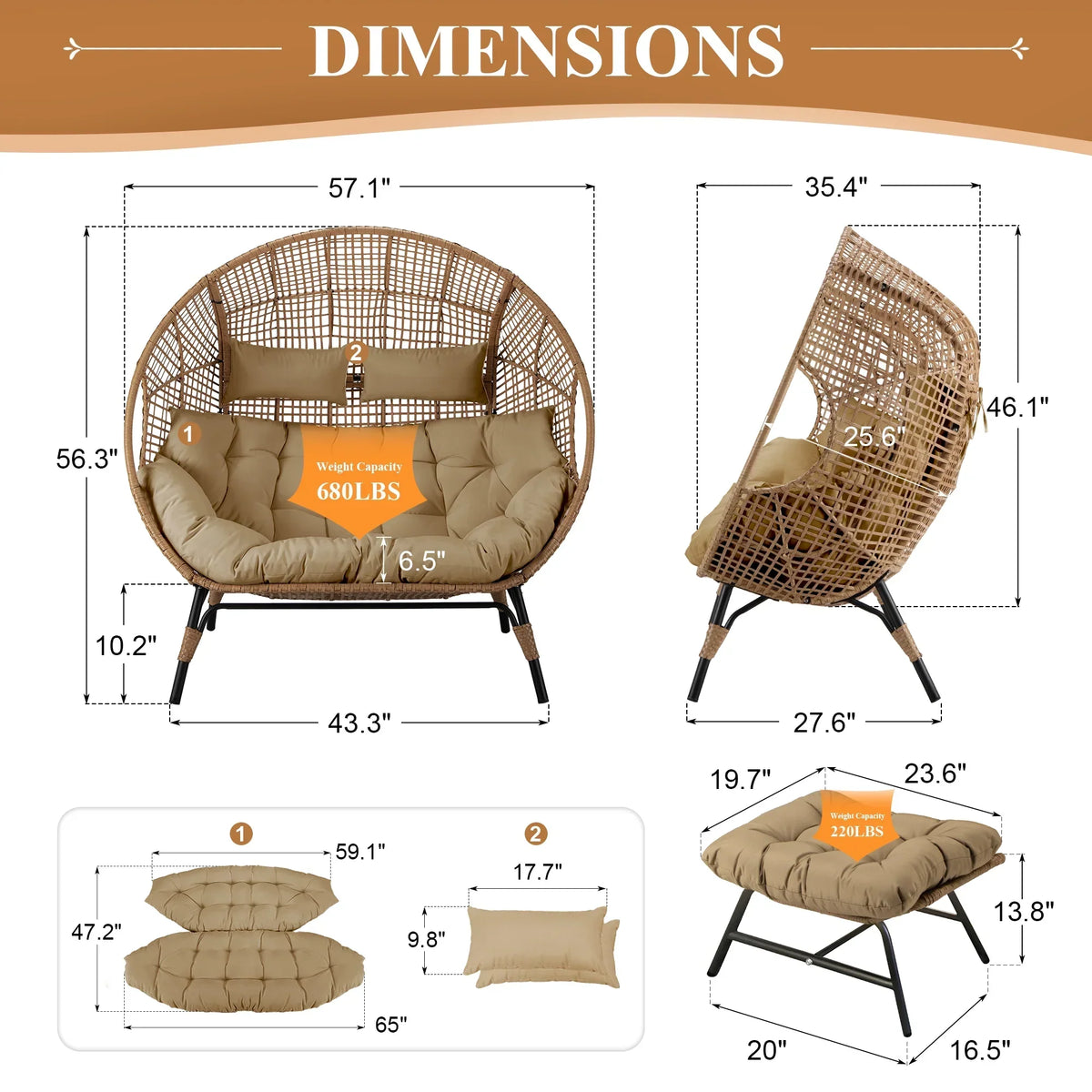 2026 NewRADIATA Double Egg Chair for 2 Person, Oversized Wicker Loveseat with Thick Cushions, 680 lbs Capacity, Indoor Outdoor Stationary Patio Lounge Chair for Balcony, Garden, Beige