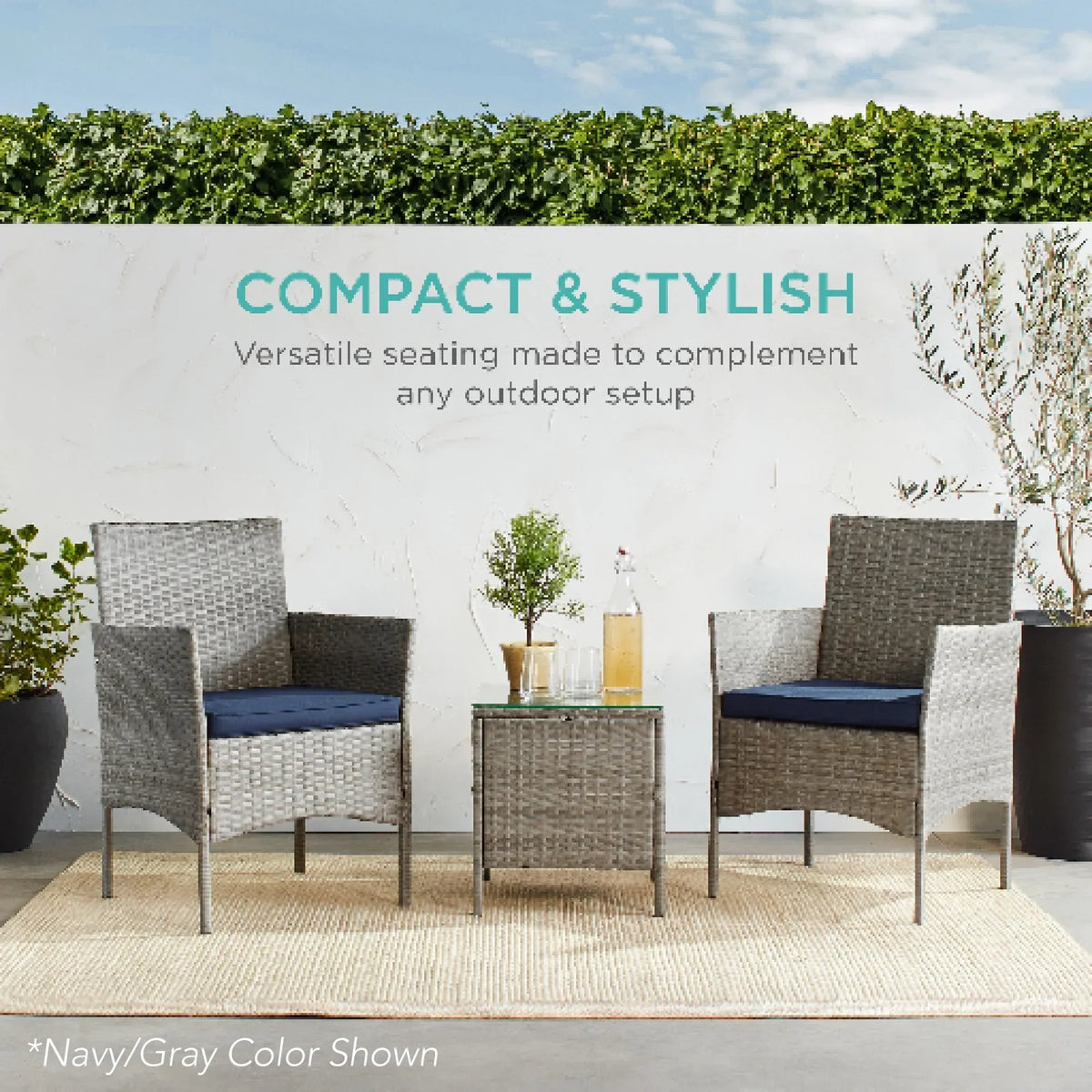 2026 NewBest Choice Products 3-Piece Outdoor Wicker Conversation Patio Bistro Set, w/ 2 Chairs, Table - Gray/Navy