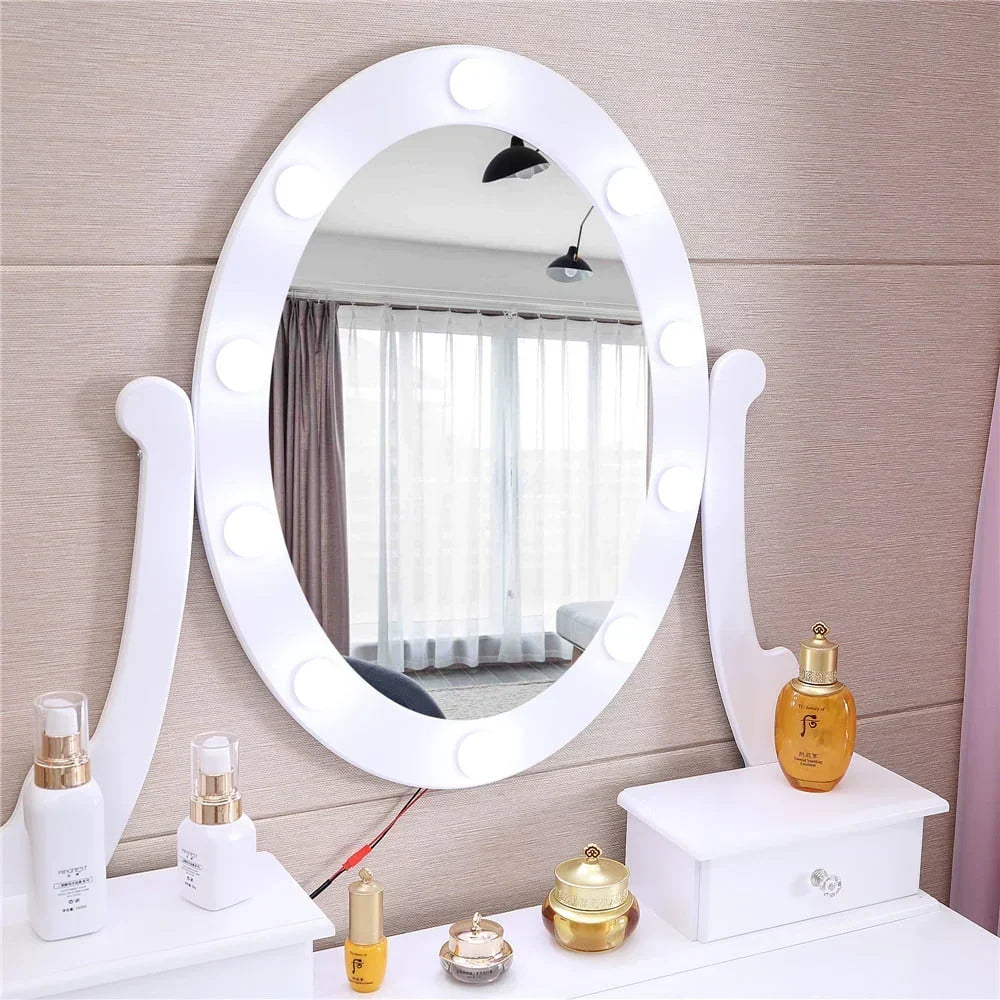 2026 NewKtaxon Vanity Table 10 LED Lights, 5 Drawers Makeup Dressing Desk with Cushioned Stool Set,Bedroom Vanities Set White