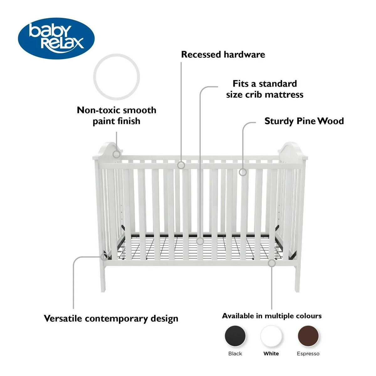 2026 NewBaby Relax Adele 3-in-1 Convertible Crib. White