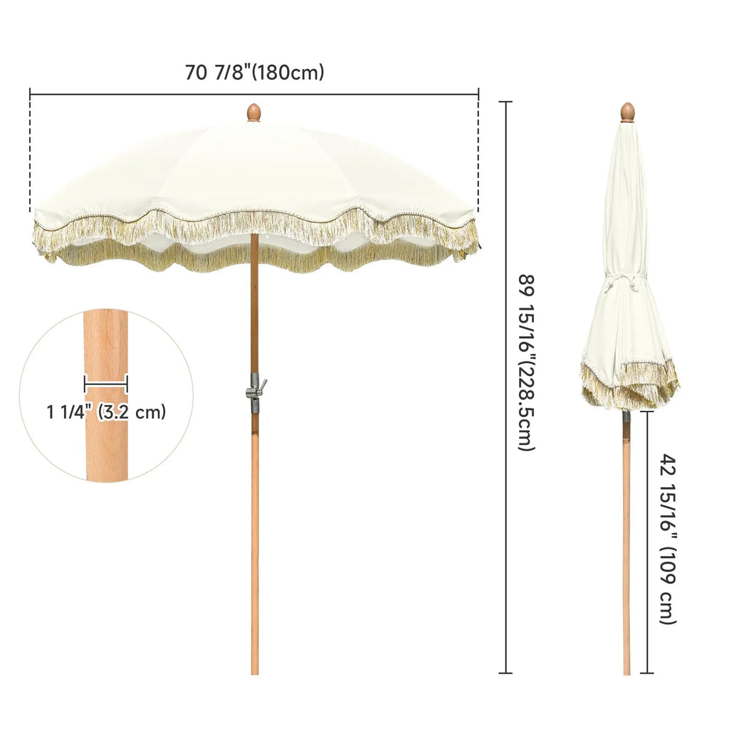 2026 NewLAGarden 6 Ft Fringe Patio Umbrella with Tassel Jazz Age Wood UPF50+ for Outdoor, Beige with gold tassel,Model: JZ6-01