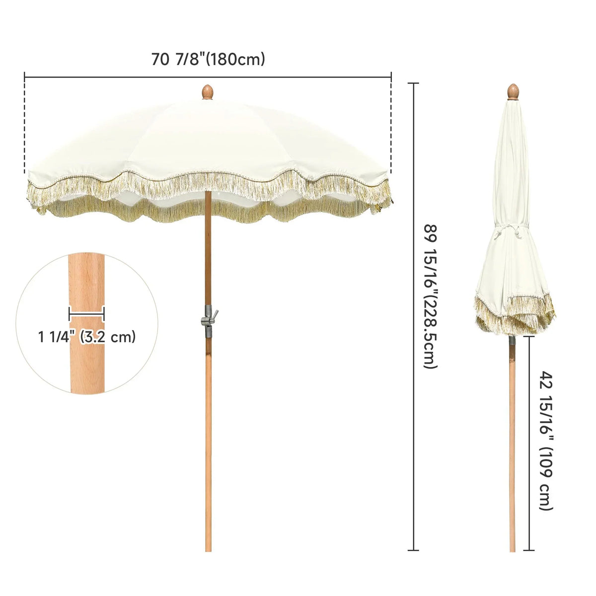 2026 NewLAGarden 6 Ft Fringe Patio Umbrella with Tassel Jazz Age Wood UPF50+ for Outdoor, Beige with gold tassel,Model: JZ6-01