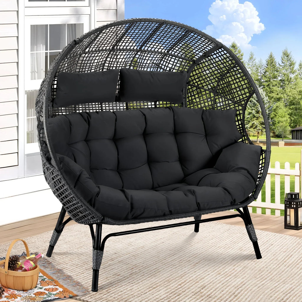 2026 NewRADIATA Double Egg Chair for 2 Person, Oversized Wicker Loveseat with Thick Cushions, 680 lbs Capacity, Indoor Outdoor Stationary Patio Lounge Chair for Balcony, Garden, Beige