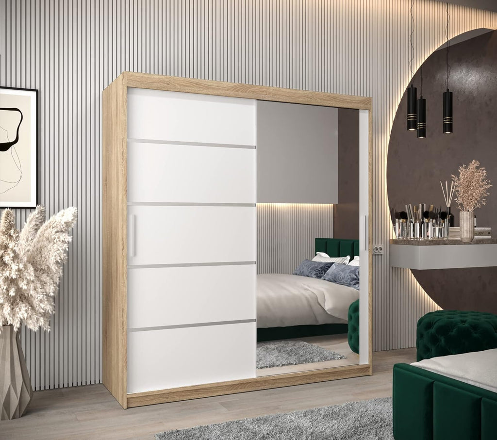2026 ABIKSMEBLE Verona 2 180 Armario 2 Puertas Correderas para Dormitorio - Armario Moderno con Espejo, Barra y Estantes - 180x200x62 cm (Ancho x Alto x Fondo) - Sonoma Blanco Mate