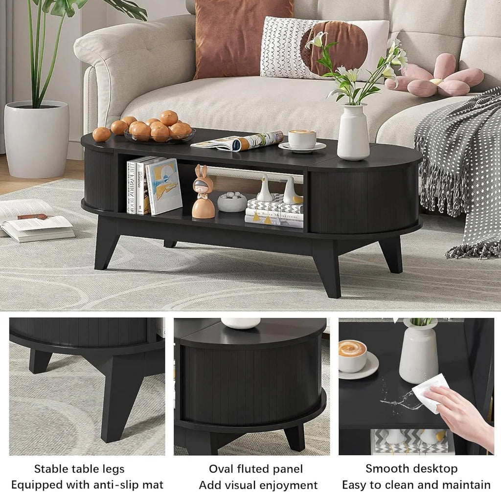 2026 NewFluted Coffee Table with Storage, Modern Coffee Tables, Wood Accent Center Table