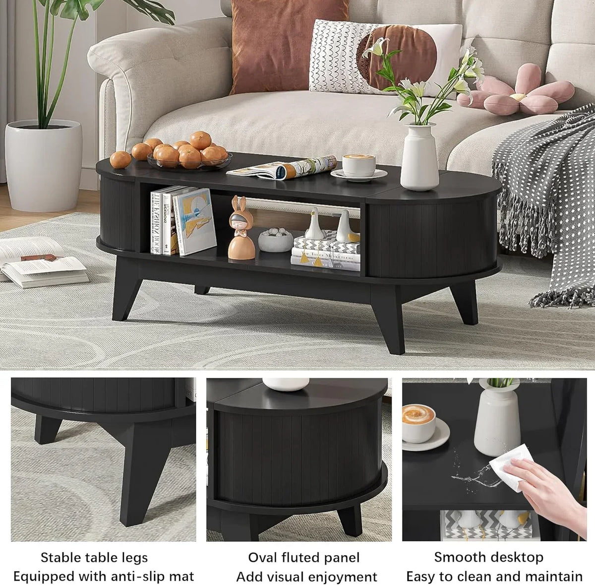 2026 NewFluted Coffee Table with Storage, Modern Coffee Tables, Wood Accent Center Table