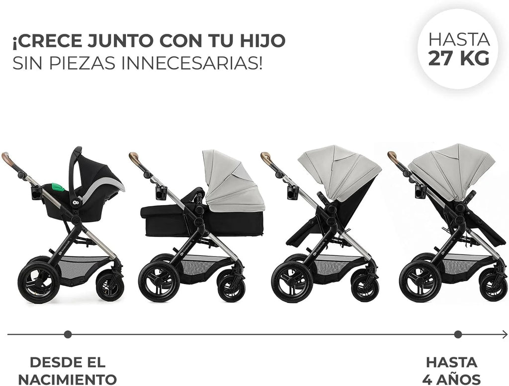 2026 Kinderkraft MOOV XL 3 en 1, Carrito bebé hasta 27 kg, Carro, Con Asiento I-SIZE 40-75 cm, Plegable, Amortiguación, Convertible, Capazo XL, Con accesorios, Gris Claro