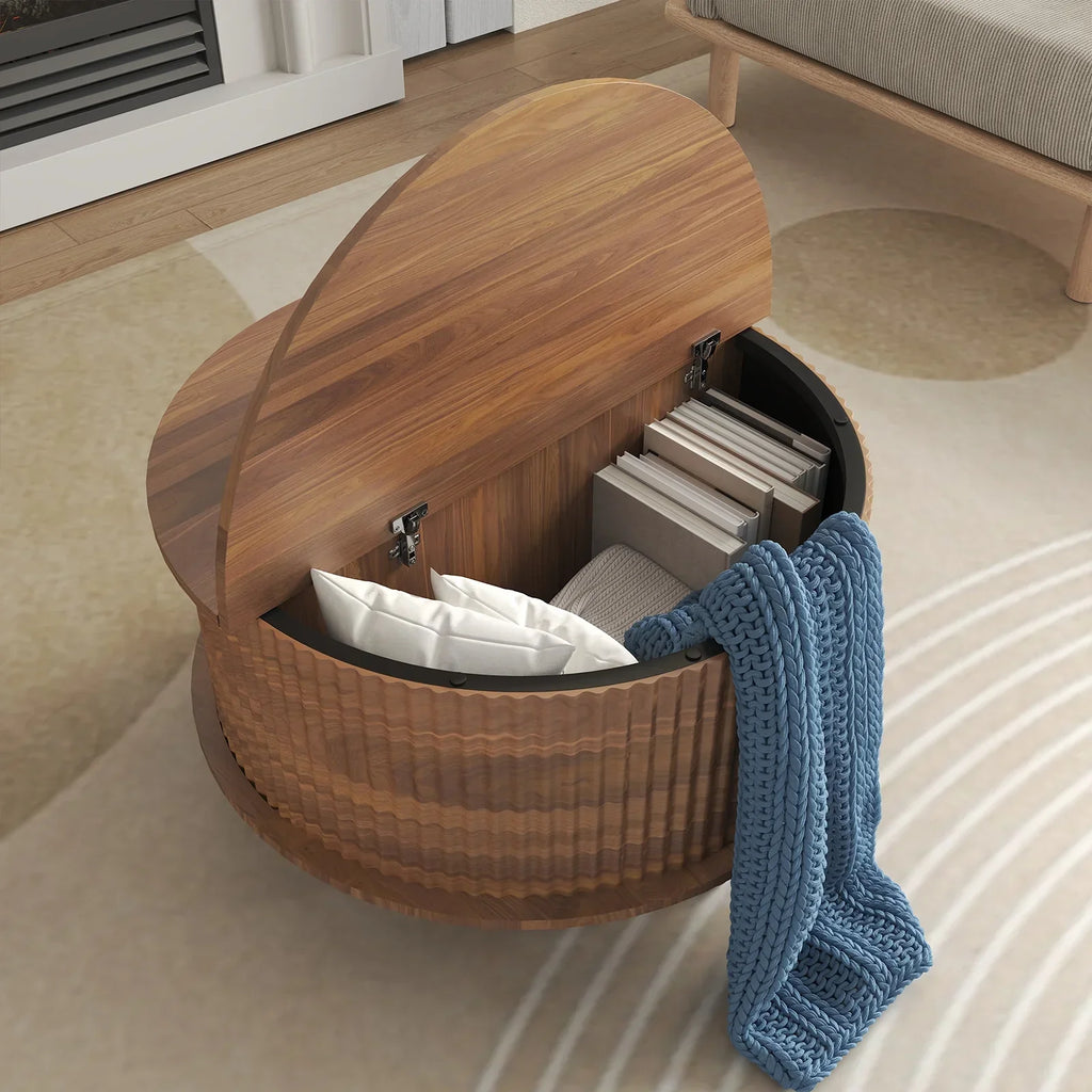 2026 NewRUMLIVE Round Coffee Table with Storage, 30.7" Modern Coffee Table with 360" Curved Sliding Door, Fluted Wood Coffee Table with Footpads, Round Center Table for Living Room, Black