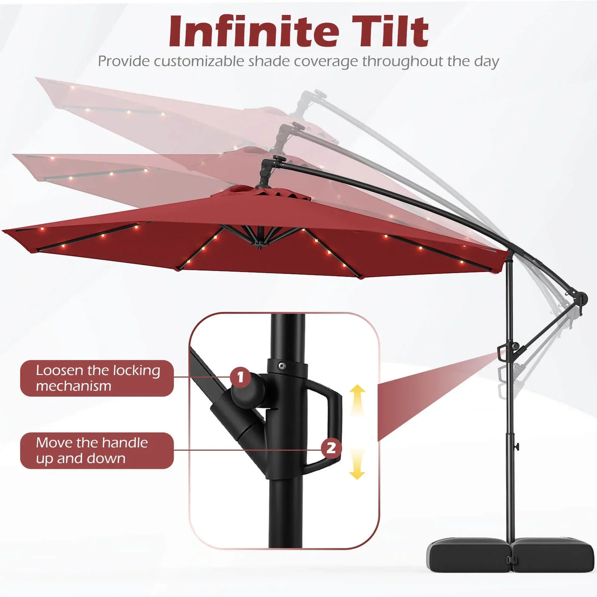 2026 NewCostway 10 FT Solar Offset Hanging Umbrella Patio Cantilever Umbrella with 32 LED Lights Brown