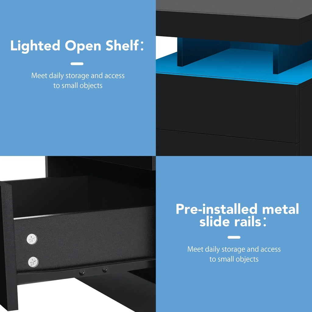 2026 NewHommpa LED Nightstand Wireless Charging Station USB Type C Outlets Bedside Table 3 Drawers Black Night Table Modern Smart Nightstand High Gloss End Side Table for Bedroom Furniture 26.8" Tall