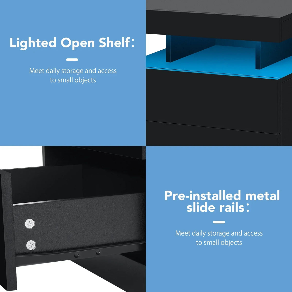 2026 NewHommpa LED Nightstand Wireless Charging Station USB Type C Outlets Bedside Table 3 Drawers Black Night Table Modern Smart Nightstand High Gloss End Side Table for Bedroom Furniture 26.8" Tall