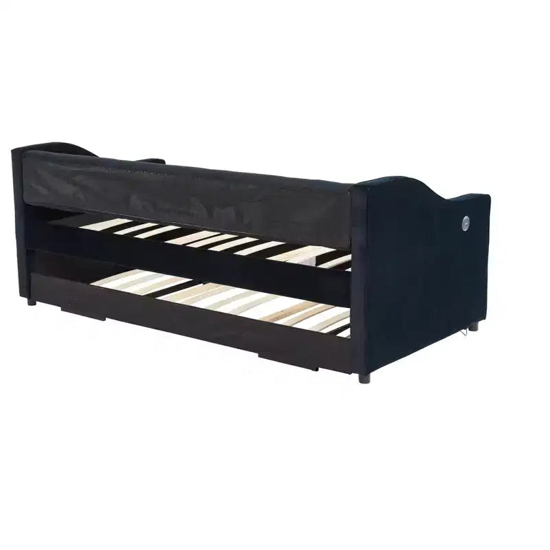 2026 Cama sofá Twin con cama nido, tapizada en terciopelo, puerto USB y bolsillos laterales - ModernLuxe