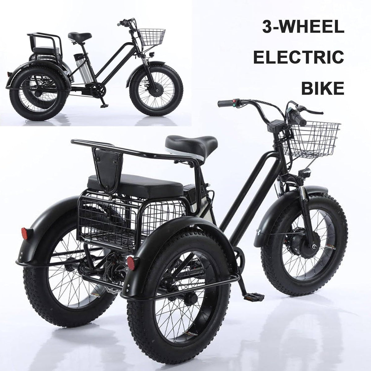 2026 Triciclo Eléctrico Para Adultos,Con Neumáticos Anchos Todoterreno De 20" X 4.0,Cesta De La Compra Y Asiento Trasero,Batería Extraíble De 48v/12ah,Carga 200 Kg,Ideal Para Ir De Compras, Pícnics
