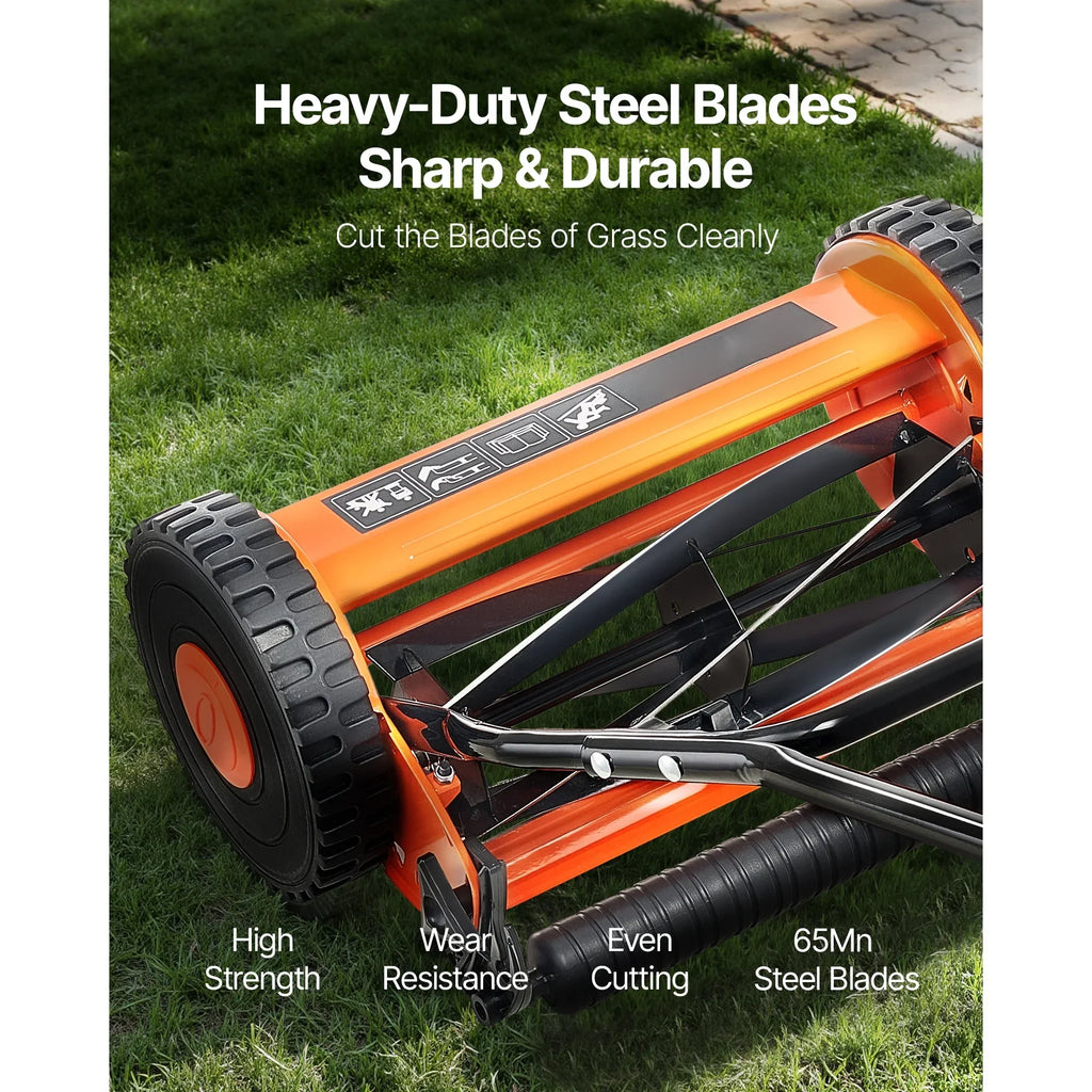 2026 NewKFFKFF 16-Inch Manual Push Reel Lawn Mower, 5-Blade Design, Adjustable Cutting Height from 0.6 to 1.75 Inches, Walk-Behind Mower with Grass Collection Bag for Lawns, Driveways, and Courtyards