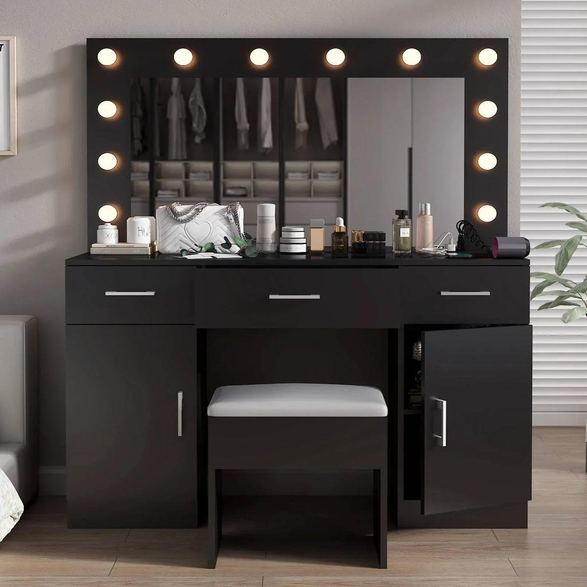2026 NewKtaxon Large Makeup Vanity, Vanity Table Set w/ Visible Glass Top w/ Charging Station, White
