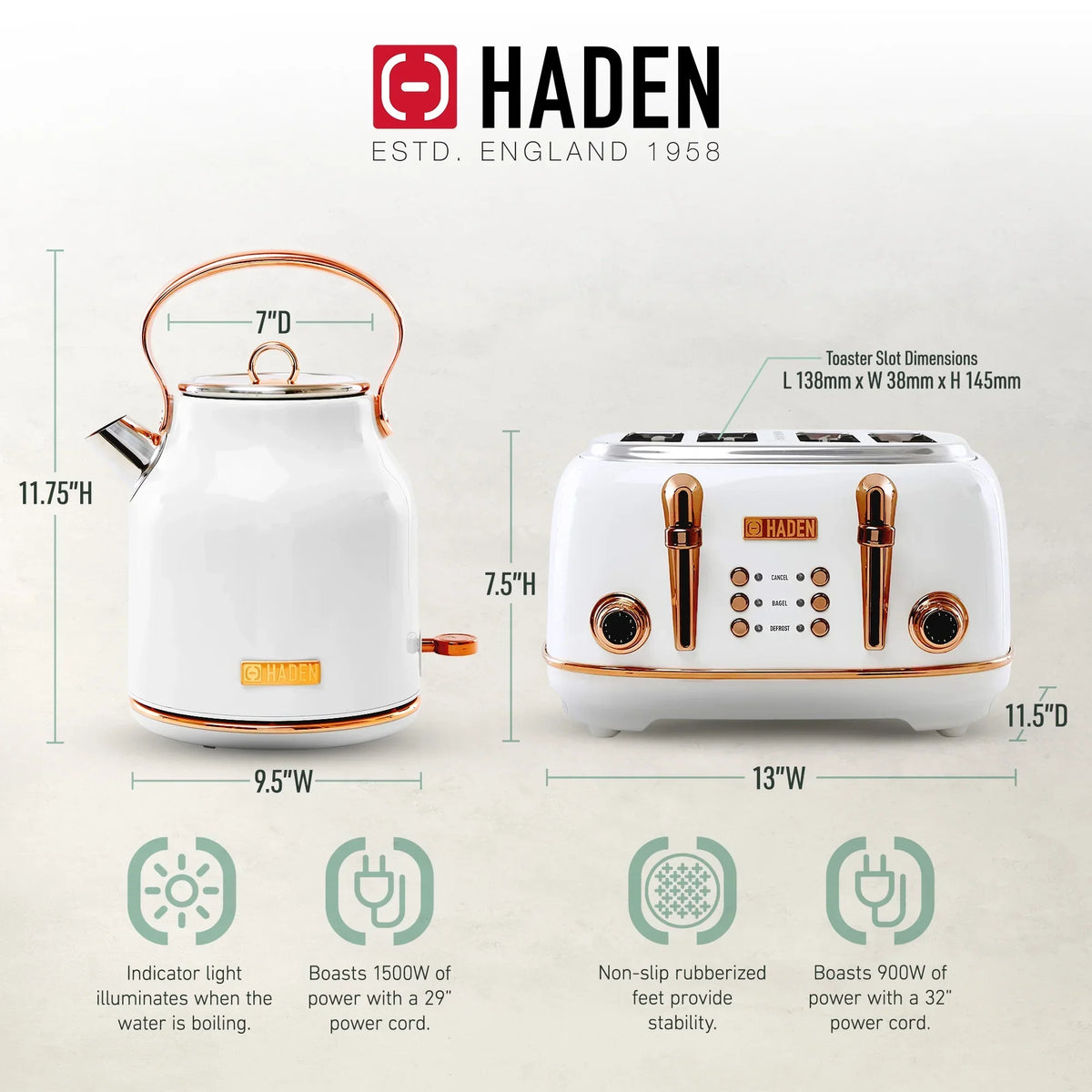 2026 NewHaden Heritage 1500 1.7 Electric Kettle, Matte Black Finish with Copper Accents