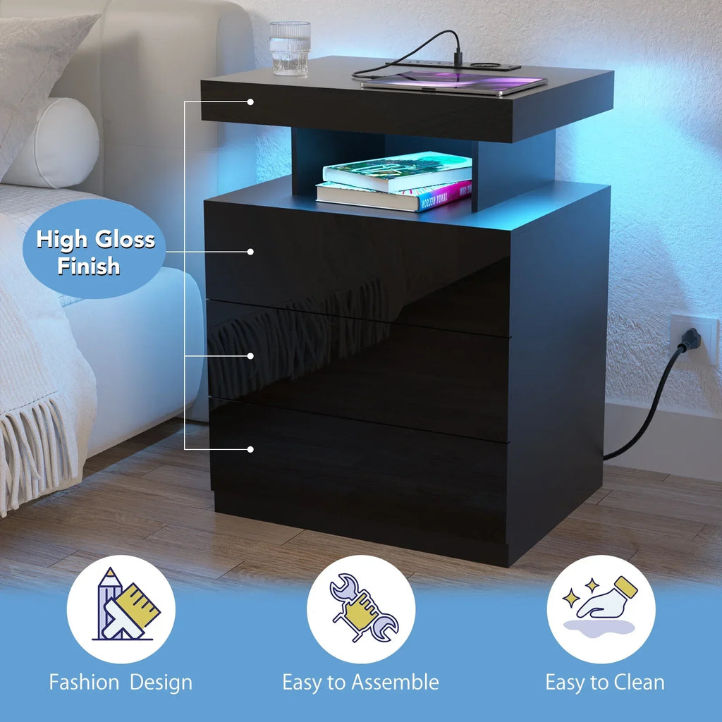 2026 NewHommpa LED Nightstand Wireless Charging Station USB Type C Outlets Bedside Table 3 Drawers Black Night Table Modern Smart Nightstand High Gloss End Side Table for Bedroom Furniture 26.8" Tall