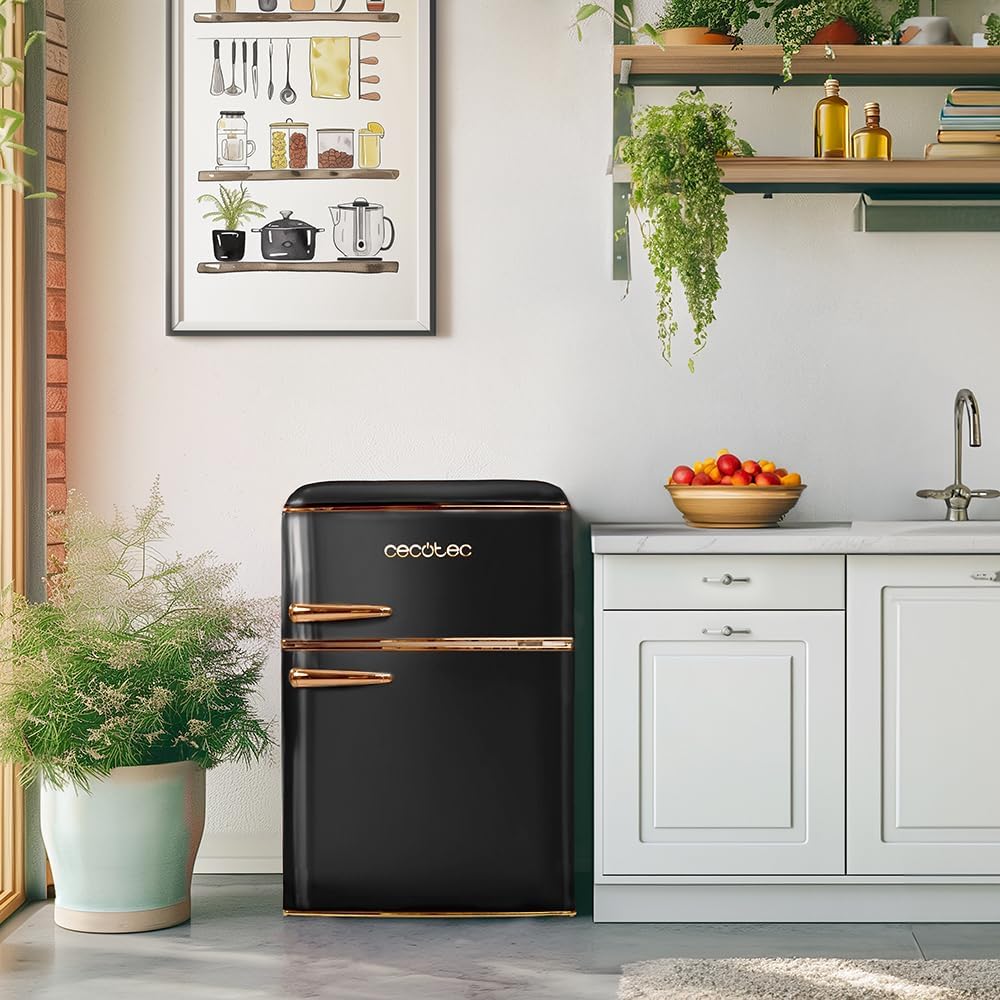 2026 Cecotec Bolero CoolMarket 2D Origin 86 Black E, frigorífico retro de 2 puertas 86 L, compartimento congelador, luz interior, tirador cromado, negro