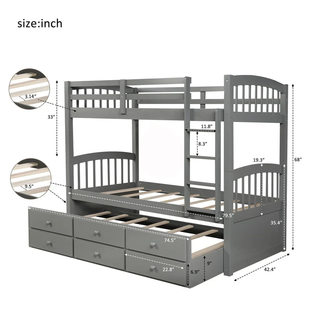 2026 NewTwin-Over-Twin Bunk Bed with 3 Storage Drawers, Twin Bunk Bed Frame with Ladder & Safety Rail, Pinewood Trundle Bunk Bed for Teen Bedroom, Guest Room Furniture, Can be Convertible to 2 Beds, Gray