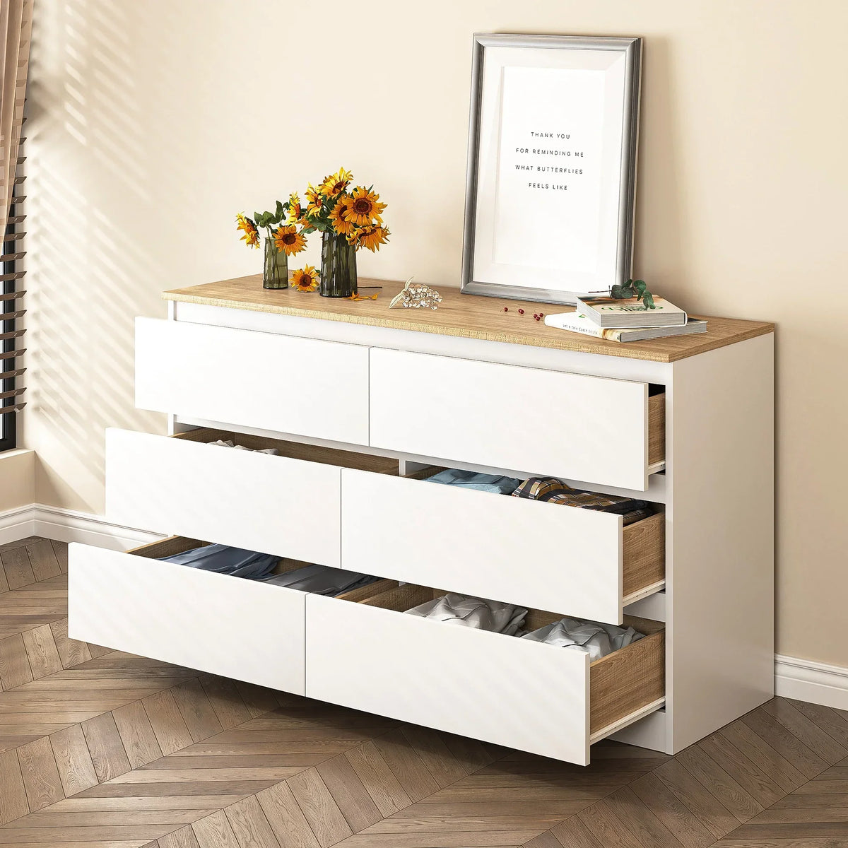 2026 NewResenkos Modern Mid Century 6 Drawer Wide Dressers Chests for Bedroom, Chest of Drawer Organizer Grey