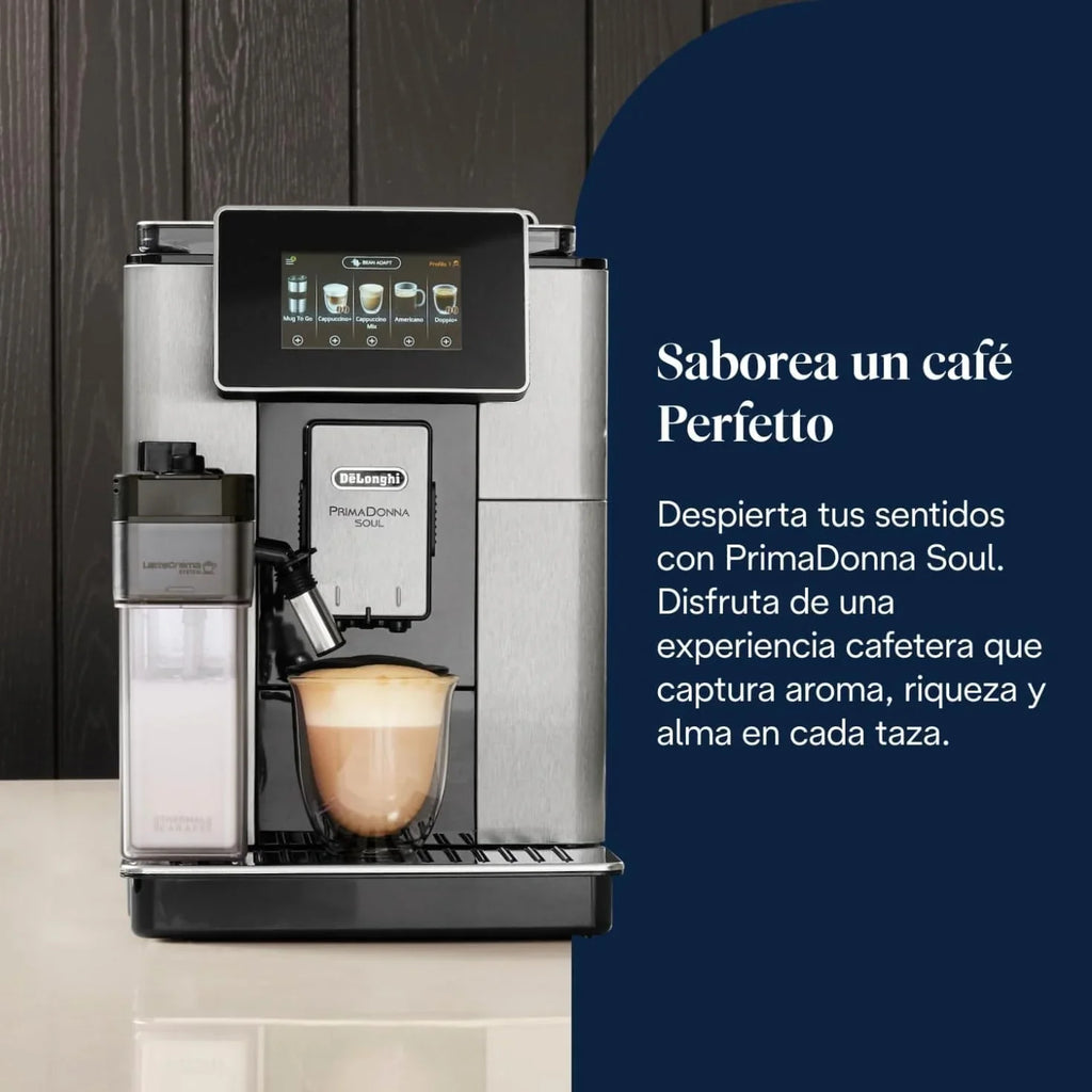 2026 Cafetera superautomática De'Longhi Perfetto Primadonna Soul ECAM612.55.SB para café y capuchino con sistema de leche LatteCreme, tecnología de grano a taza, 18 bebidas, control por aplicación.
