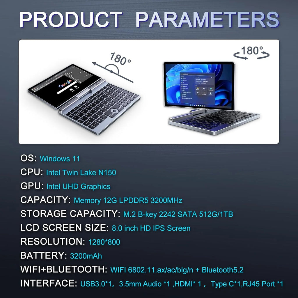2026 Mini Portátil 8" 2 en 1, Ordenador Portátil Win 11, N150 (hasta 3.6 GHz), 12 GB RAM 1 TB SSD, Pantalla Táctil HD, Teclado Retroiluminado, Wi-Fi 6, USB-C, PC Ligero y Portátil para