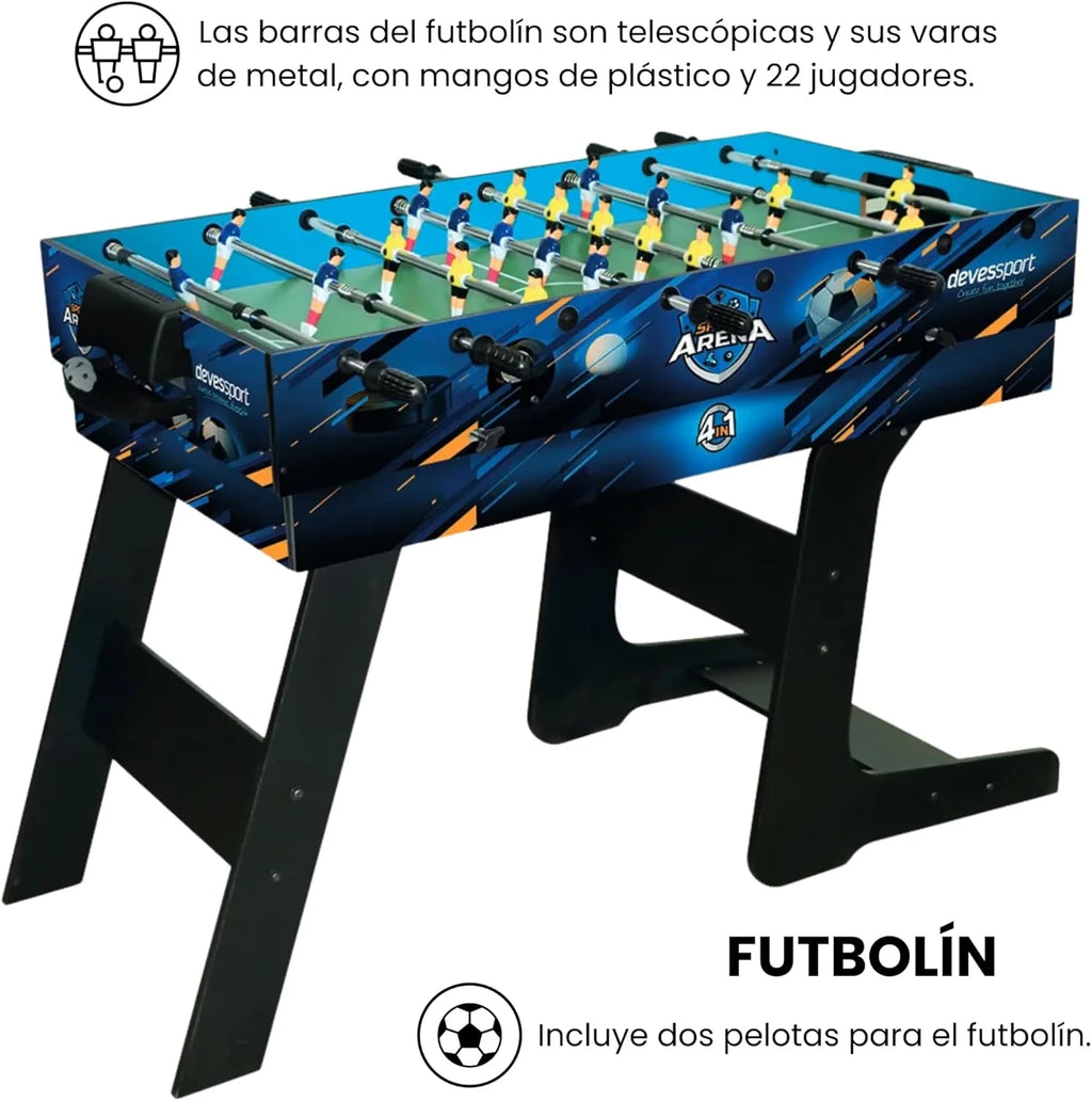 2026 DEVESSPORT Multijuego plegable 4 en 1 Sport Arena | Futbolín, billar, hockey de aire y tenis de mesa | Accesorios incluidos